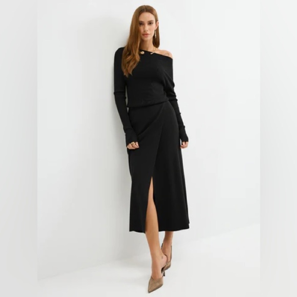 🖤 Commense Off Shoulder Ribbed Knit Maxi Dress Black NWT M